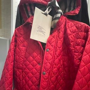 Burberry red quilted jacket with removable hood